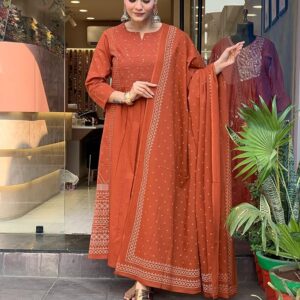 ANNI DESIGNER Women's Rayon Viscose Anarkali Printed Kurta with Pant & Dupatta